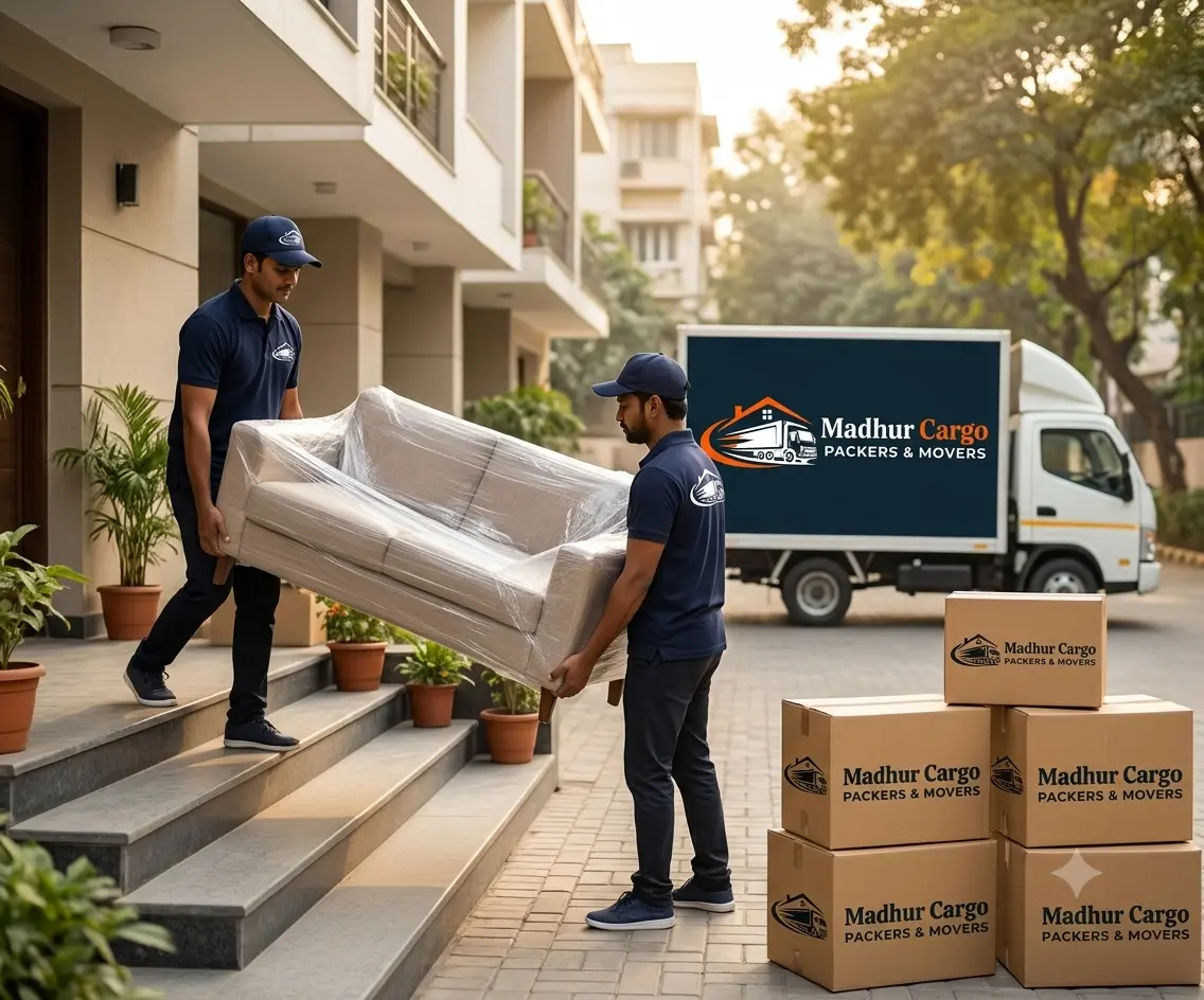 Madhur Cargo team carrying a wrapped sofa out of an apartment