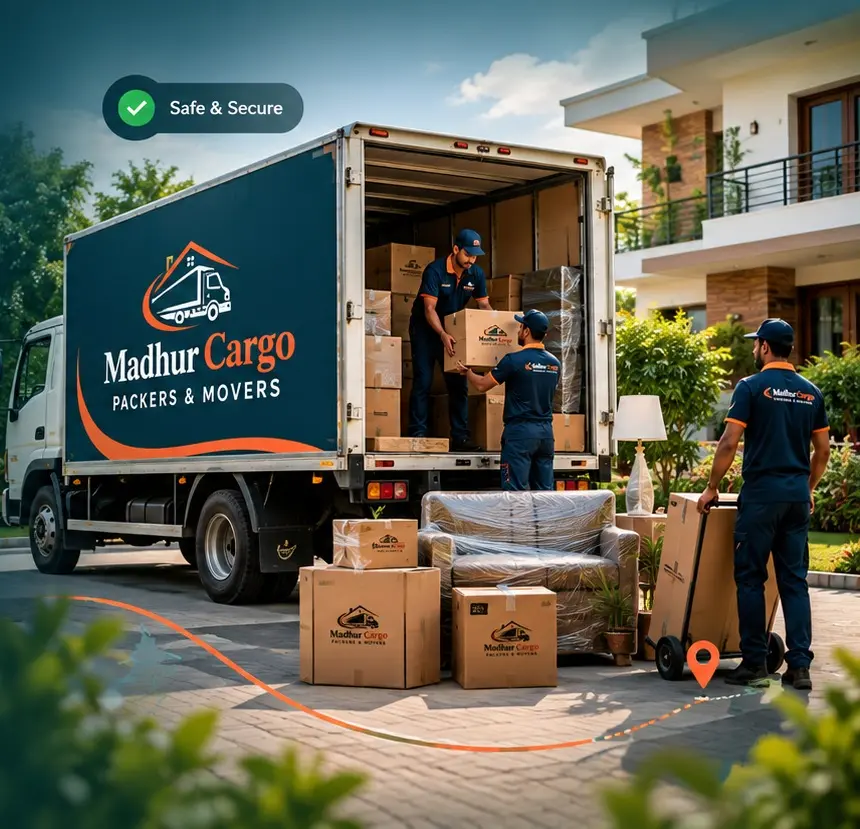 Madhur Cargo team loading a branded moving truck outside a home