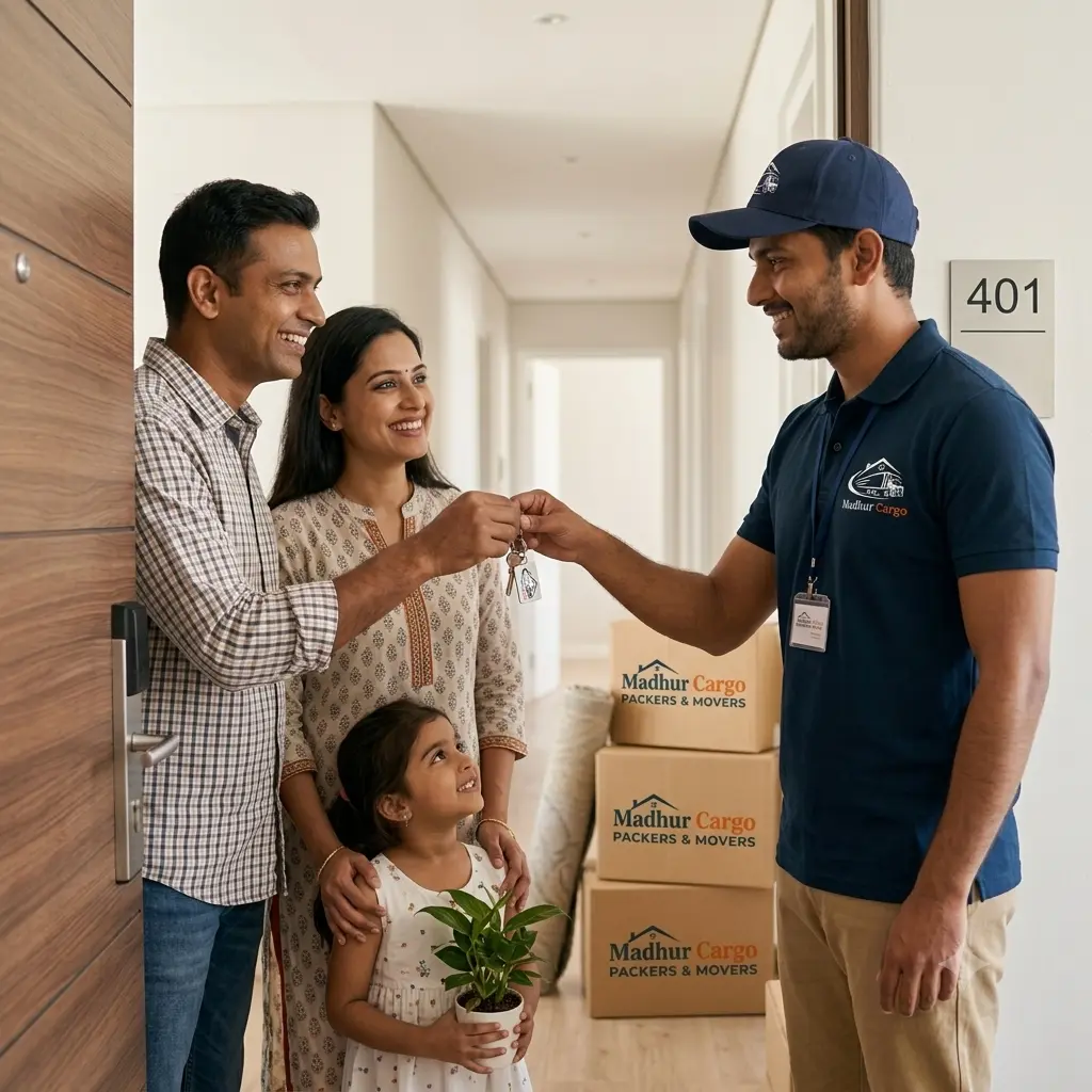 A family receiving their keys from a Madhur Cargo mover at their new home